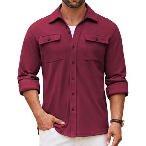 imageCOOFANDY Mens Shirt Jacket Long Sleeve Overshirt Casual Button Down Shacket Thermal Shirts with PocketsWine Red