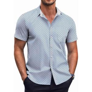 imageCOOFANDY Mens Short Sleeve Button Down Shirts Wrinkle Free Dress Shirts Casual Polka Dot Print Shirt with PocketBlue Combo