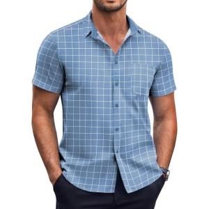 imageCOOFANDY Mens Short Sleeve Button Down Shirts Wrinkle Free Dress Shirts Casual Polka Dot Print Shirt with PocketBlue Plaid
