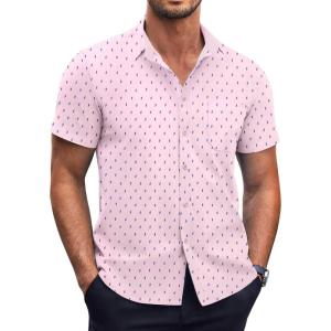 imageCOOFANDY Mens Short Sleeve Button Down Shirts Wrinkle Free Dress Shirts Casual Polka Dot Print Shirt with PocketPink