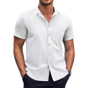 imageCOOFANDY Mens Short Sleeve Button Down Shirts Wrinkle Free Dress Shirts Casual Polka Dot Print Shirt with PocketWhite