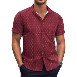 imageCOOFANDY Mens Short Sleeve Button Down Shirts Wrinkle Free Dress Shirts Casual Polka Dot Print Shirt with PocketWine Red