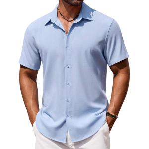 imageCOOFANDY Mens Button Down Shirt Short Sleeve Casual Shirts Beach Summer Shirts Wedding Vacation ShirtsClear Blue