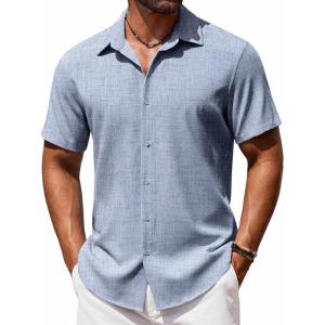 imageCOOFANDY Mens Button Down Shirt Short Sleeve Casual Shirts Beach Summer Shirts Wedding Vacation ShirtsDemin Blue