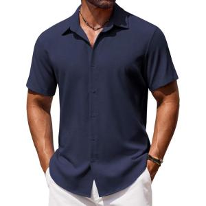 imageCOOFANDY Mens Button Down Shirt Short Sleeve Casual Shirts Beach Summer Shirts Wedding Vacation ShirtsNavy Blue