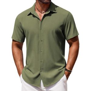 imageCOOFANDY Mens Button Down Shirt Short Sleeve Casual Shirts Beach Summer Shirts Wedding Vacation ShirtsOlive Green