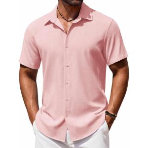 imageCOOFANDY Mens Button Down Shirt Short Sleeve Casual Shirts Beach Summer Shirts Wedding Vacation ShirtsPink