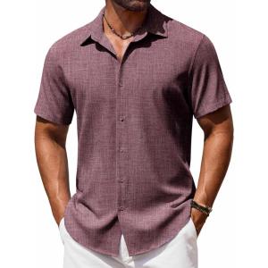 imageCOOFANDY Mens Button Down Shirt Short Sleeve Casual Shirts Beach Summer Shirts Wedding Vacation ShirtsWine Red