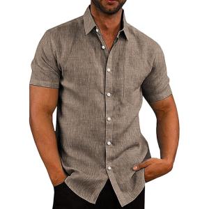 imageCOOFANDY Mens Casual Button Down Shirts Short Sleeve Linen Shirts Summer Beach Dress ShirtCamel