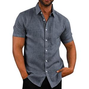 imageCOOFANDY Mens Casual Button Down Shirts Short Sleeve Linen Shirts Summer Beach Dress ShirtGray Blue