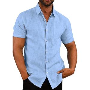 imageCOOFANDY Mens Casual Button Down Shirts Short Sleeve Linen Shirts Summer Beach Dress ShirtLight Blue