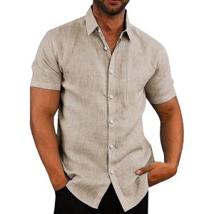 imageCOOFANDY Mens Casual Button Down Shirts Short Sleeve Linen Shirts Summer Beach Dress ShirtLight Khaki