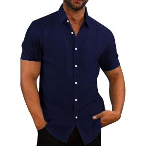 imageCOOFANDY Mens Casual Button Down Shirts Short Sleeve Linen Shirts Summer Beach Dress ShirtLinen  Blue