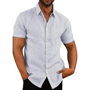 imageCOOFANDY Mens Casual Button Down Shirts Short Sleeve Linen Shirts Summer Beach Dress ShirtLinen  Clear Blue
