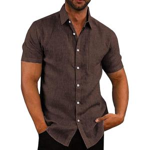 imageCOOFANDY Mens Casual Button Down Shirts Short Sleeve Linen Shirts Summer Beach Dress ShirtLinen  Coffe