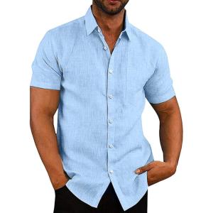 imageCOOFANDY Mens Casual Button Down Shirts Short Sleeve Linen Shirts Summer Beach Dress ShirtLinen  Sky Blue