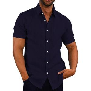 imageCOOFANDY Mens Casual Button Down Shirts Short Sleeve Linen Shirts Summer Beach Dress ShirtShort Sleeve  Navy Blue