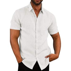 imageCOOFANDY Mens Casual Button Down Shirts Short Sleeve Linen Shirts Summer Beach Dress ShirtShort Sleeve  White
