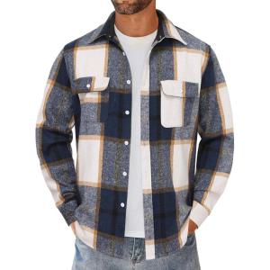 imageCOOFANDY Mens Flannel Shirts Long Sleeve Cotton Plaid Shirt Jacket Casual Button Down Shirt with PocketsDeep Blue
