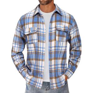 imageCOOFANDY Mens Flannel Shirts Long Sleeve Cotton Plaid Shirt Jacket Casual Button Down Shirt with PocketsLight Blue