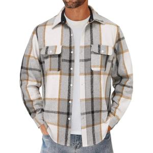 imageCOOFANDY Mens Flannel Shirts Long Sleeve Cotton Plaid Shirt Jacket Casual Button Down Shirt with PocketsLight Grey