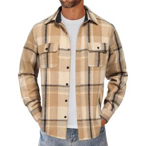imageCOOFANDY Mens Flannel Shirts Long Sleeve Cotton Plaid Shirt Jacket Casual Button Down Shirt with PocketsLight Khaki