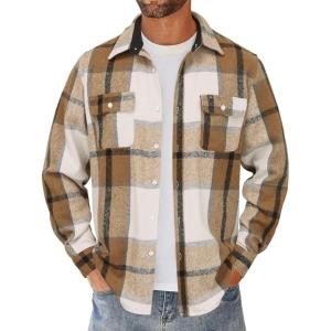 imageCOOFANDY Mens Flannel Shirts Long Sleeve Cotton Plaid Shirt Jacket Casual Button Down Shirt with PocketsLight Khaki White