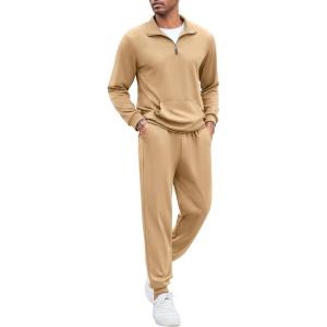 imageCOOFANDY Mens Tracksuit 2 Piece Quarter Zip Sweatsuit Sets Casual Athletic Running Jogging SuitsKhaki