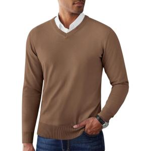 imageCOOFANDY Mens V Neck Pullover Sweater Slim Fit Casual Dress Sweater Lightweight Knitted SweatersBrown
