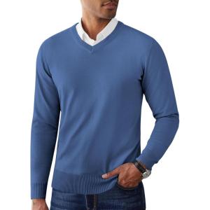 imageCOOFANDY Mens V Neck Pullover Sweater Slim Fit Casual Dress Sweater Lightweight Knitted SweatersDenim Blue