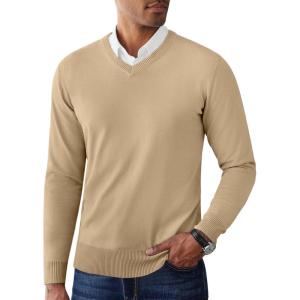 imageCOOFANDY Mens V Neck Pullover Sweater Slim Fit Casual Dress Sweater Lightweight Knitted SweatersKhaki