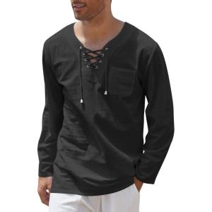imageCOOFANDY Mens Linen Beach Tee Shirts Cotton Hippie Shirts V Neck Long Sleeve Tunic Big and Tall Yoga ShirtBlack