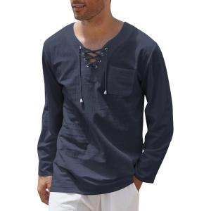 imageCOOFANDY Mens Linen Beach Tee Shirts Cotton Hippie Shirts V Neck Long Sleeve Tunic Big and Tall Yoga ShirtBlue