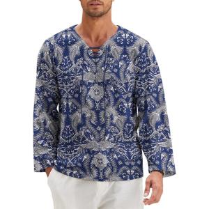 imageCOOFANDY Mens Linen Beach Tee Shirts Cotton Hippie Shirts V Neck Long Sleeve Tunic Big and Tall Yoga ShirtBlue Apricot