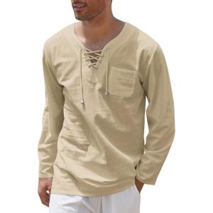 imageCOOFANDY Mens Linen Beach Tee Shirts Cotton Hippie Shirts V Neck Long Sleeve Tunic Big and Tall Yoga ShirtKhaki