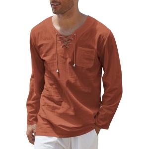 imageCOOFANDY Mens Linen Beach Tee Shirts Cotton Hippie Shirts V Neck Long Sleeve Tunic Big and Tall Yoga ShirtLong Sleevesbrick