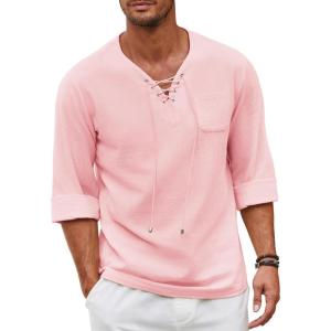 imageCOOFANDY Mens Linen Beach Tee Shirts Cotton Hippie Shirts V Neck Long Sleeve Tunic Big and Tall Yoga ShirtPink