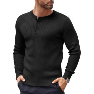 imageCOOFANDY Mens Knit Henley Sweater Long Sleeve Button Down Lightweight Sweater Fall Slim Fit Ribbed PulloverAll Black