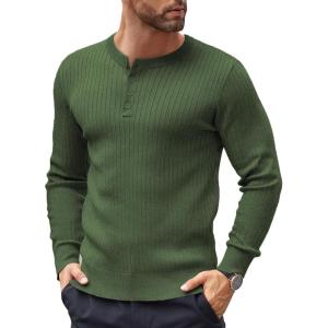 imageCOOFANDY Mens Knit Henley Sweater Long Sleeve Button Down Lightweight Sweater Fall Slim Fit Ribbed PulloverArmy Green