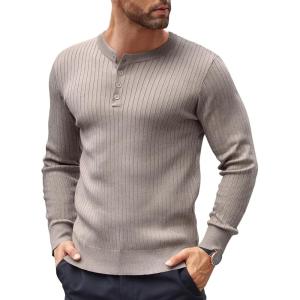 imageCOOFANDY Mens Knit Henley Sweater Long Sleeve Button Down Lightweight Sweater Fall Slim Fit Ribbed PulloverBrown and Grey