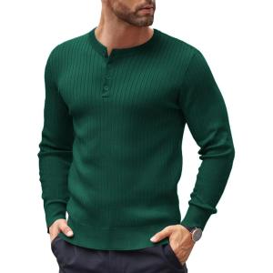 imageCOOFANDY Mens Knit Henley Sweater Long Sleeve Button Down Lightweight Sweater Fall Slim Fit Ribbed PulloverDark Green