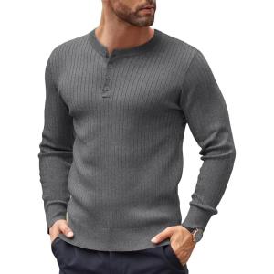 imageCOOFANDY Mens Knit Henley Sweater Long Sleeve Button Down Lightweight Sweater Fall Slim Fit Ribbed PulloverGrey