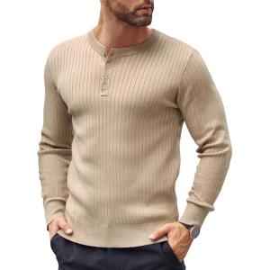 imageCOOFANDY Mens Knit Henley Sweater Long Sleeve Button Down Lightweight Sweater Fall Slim Fit Ribbed PulloverKhaki