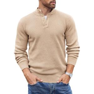 imageCOOFANDY Mens Quarter Button Sweater Lightweight Mock Neck Pullover Sweater Fashion Casual Knitted Henley SweaterApricot