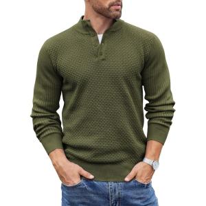 imageCOOFANDY Mens Quarter Button Sweater Lightweight Mock Neck Pullover Sweater Fashion Casual Knitted Henley SweaterArmy Green