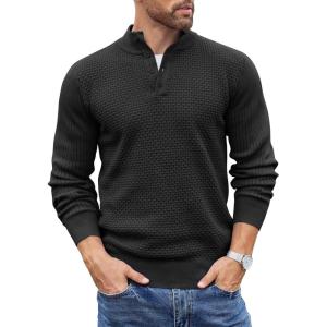 imageCOOFANDY Mens Quarter Button Sweater Lightweight Mock Neck Pullover Sweater Fashion Casual Knitted Henley SweaterBlack