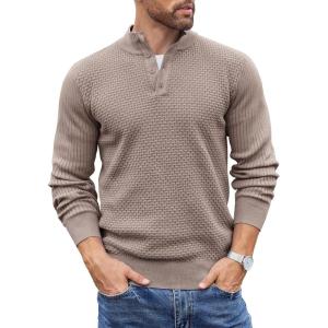 imageCOOFANDY Mens Quarter Button Sweater Lightweight Mock Neck Pullover Sweater Fashion Casual Knitted Henley SweaterBrown and Grey