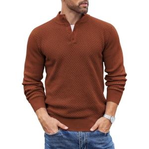 imageCOOFANDY Mens Quarter Button Sweater Lightweight Mock Neck Pullover Sweater Fashion Casual Knitted Henley SweaterCaramel