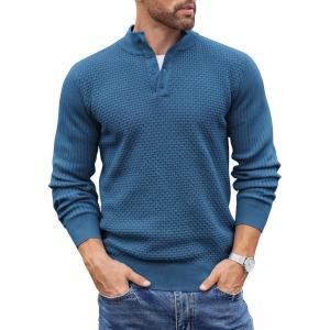 imageCOOFANDY Mens Quarter Button Sweater Lightweight Mock Neck Pullover Sweater Fashion Casual Knitted Henley SweaterDark Blue