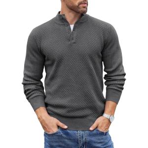 imageCOOFANDY Mens Quarter Button Sweater Lightweight Mock Neck Pullover Sweater Fashion Casual Knitted Henley SweaterDark Grey